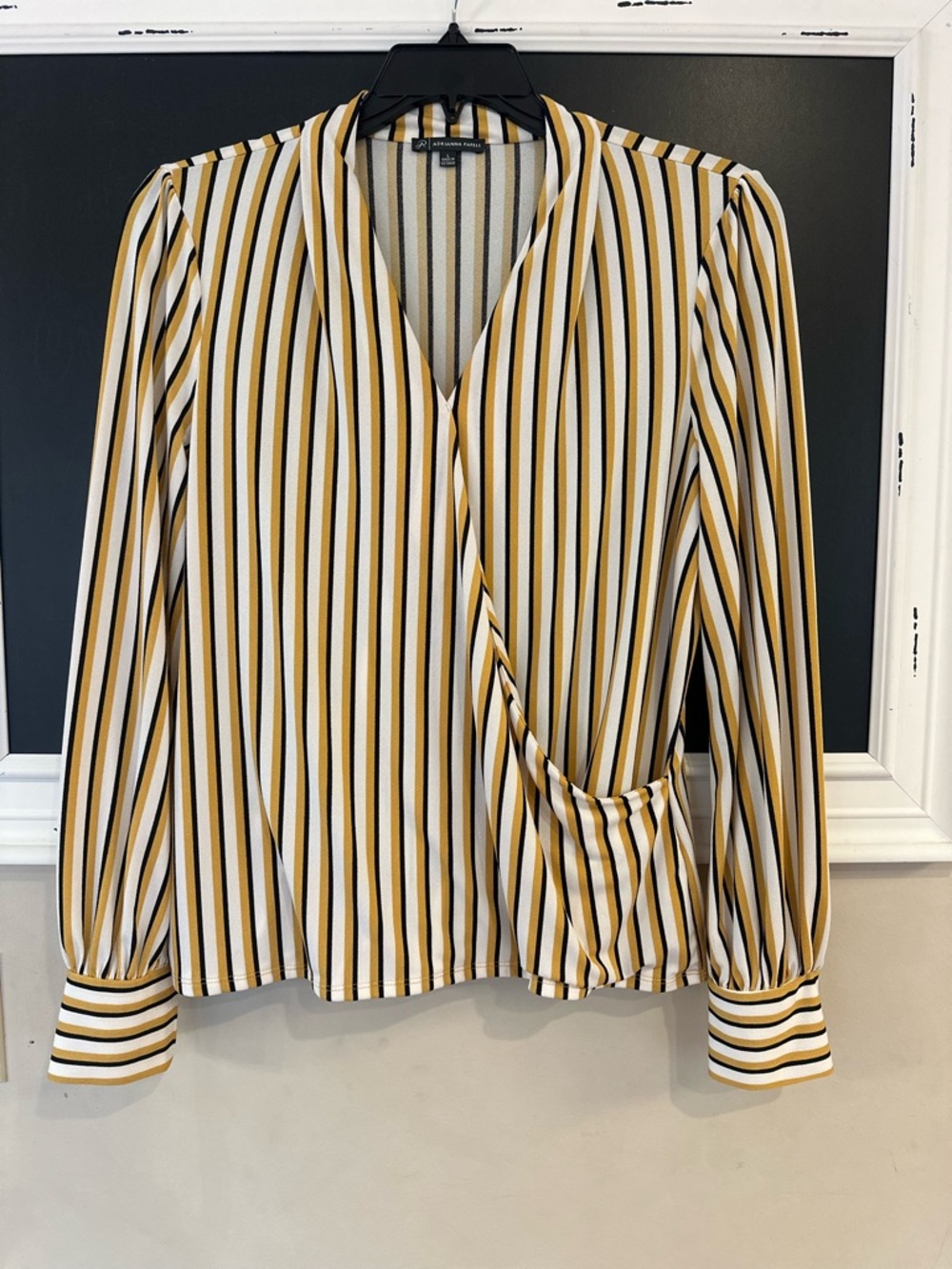 Adrianna Papell Yellow, Black & White Striped Faux Wrap Blouse Sz L